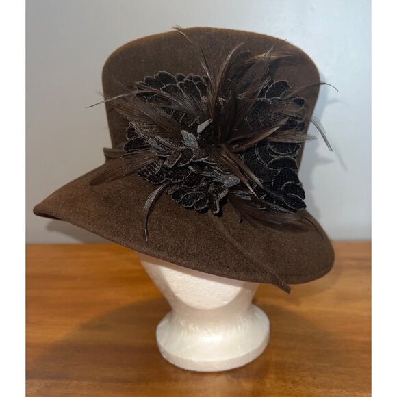 Vintage Cloche Tall Bowler Hat Velvet Feather Floral Accent Women Meril - Picture 2 of 8